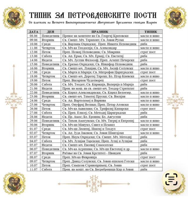 Православно календарче со типик за Петровденски пост 2026